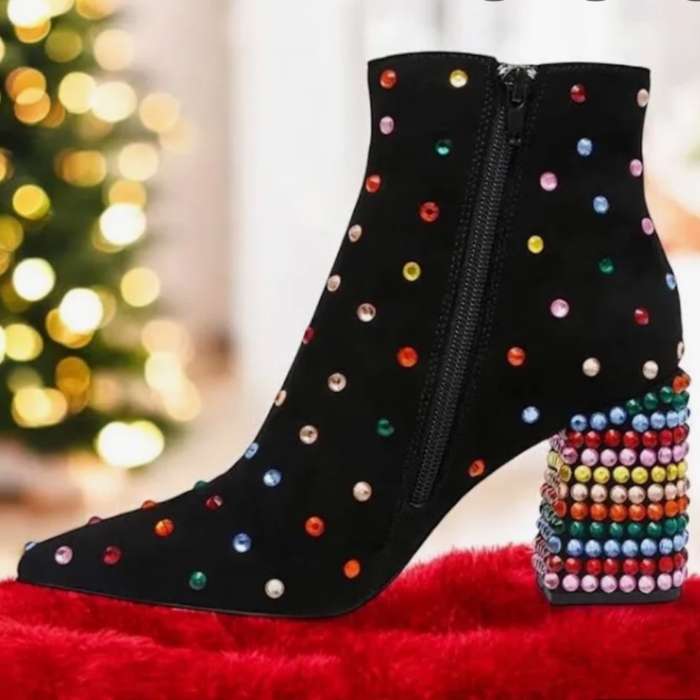 Betsey Johnson Block Heel Ankle Boots with Rainbow Rhinestones